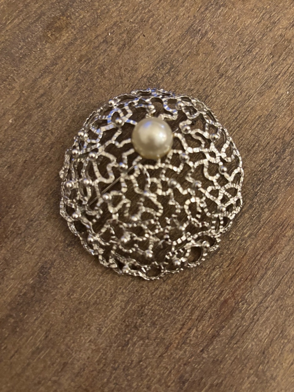 Sarah Coventry Silver Filigree Dome Brooch with Pearl